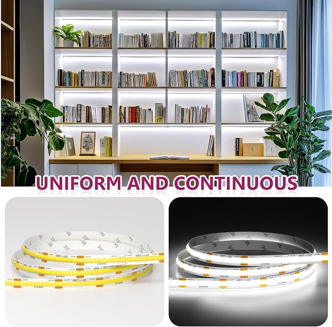 EMITEVER COB LED Strip Lights 5000K 24V, 16.4ft/5m, 2560LEDs, UL Listed | White Tape Light Premium High Density,for Bedroom,Kitchen,Cabinet,360+Lumens/ft,Ra 90+ (Power Supply Sold Separately)