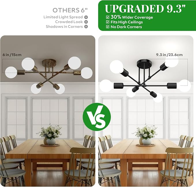 Modern Sputnik Chandelier Ceiling Light Fixtures, 6-Lights 22” Mid Century Industrial Metal Semi Flush Mount for Dining Room, Bedroom, Living Room, 6 Globe Bulbs