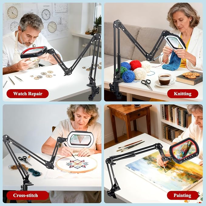 12X 30X Square Magnifying Glass with Light and Clamp | 3-Section Swing Arm Workbench Magnifier Light, 5 Colors Stepless Dimming LED Desk Lamp with Stand for Painting Reading Crafts