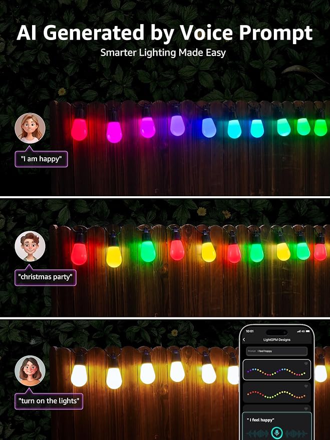 Lepro ZB1 AI Smart Outdoor String Lights, 54(42+12) ft RGB+IC+Warm White | Outside Patio Lights, 15 Plastic LED Bulbs, Music Sync, Alexa Google Enable, 2.4 GHz WiFi+Bluetooth, APP Control, No Remote