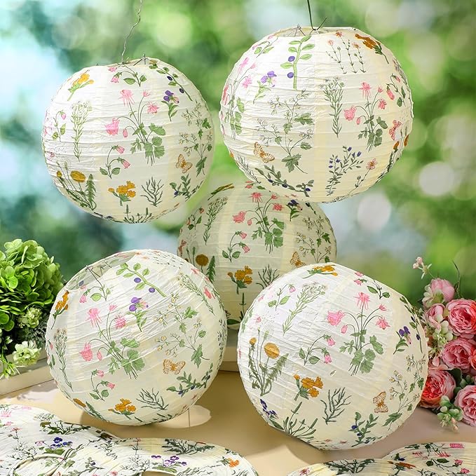 Honoson 12 Pcs Floral Paper Lanterns Tea Party Decorations Flower Wildflower Butterfly Spring Birthday Party Decoration Flower 10 Inch Hanging Round Paper Lantern for Wedding Bridal Shower Baby Shower