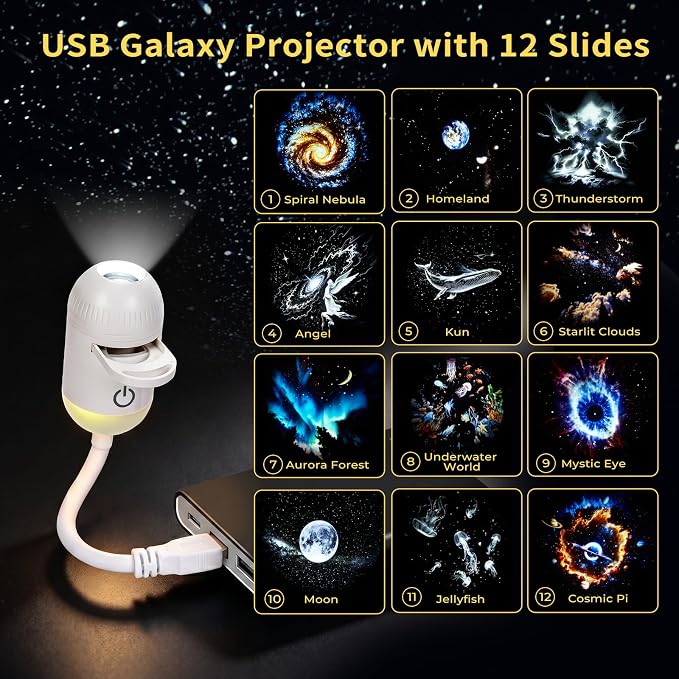Galaxy Projector Night Light,Adjustable Focus USB Starry Sky Night Light Projector with 12 Projection Films,360° Plug and Play Hd Galaxy Star Projector for Bedroom Car,Adjustable Brightness