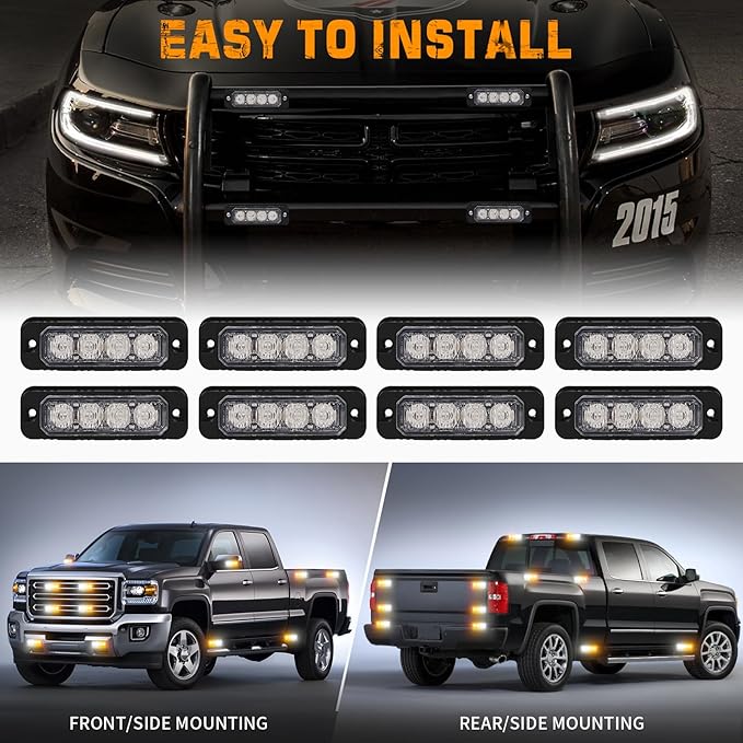XRIDONSEN 8PCS Sync Truck Grill Lights 32 LED Strobe Lights Amber White Grille Surface Mount Emergency Flashing Warning Safety Hazard Caution Light for Tow Plow Trucks Construction Vehicles Car