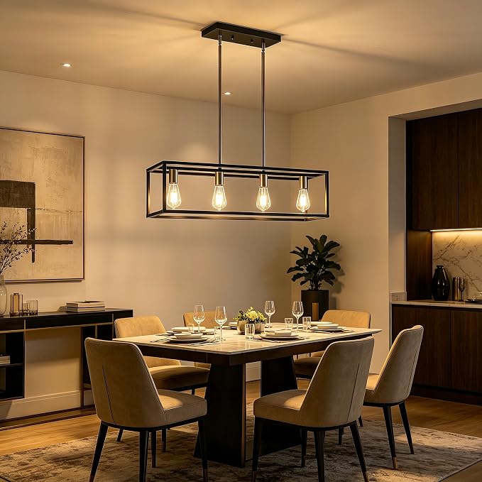 Black&Brushed Nickel Kitchen Light Fixtures Farmhouse Rectangle Chandeliers Dining Room Light for Dining Rooms, Light Fixture Matte 4-Light Industrial Pendant Lighting