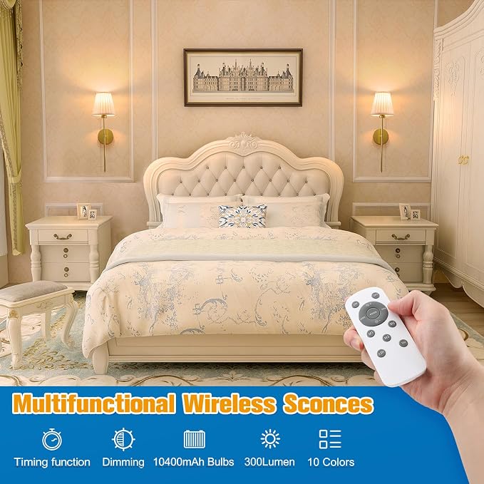 19.9 inch Battery Operated Wall Sconce Set of 2,Beige Gold Rechargeable Wall Lights with 10400mAh Dimmable Bulbs and Remote, 9 Colors Wireless Wall Lamps for Bedroom Living Room Decor