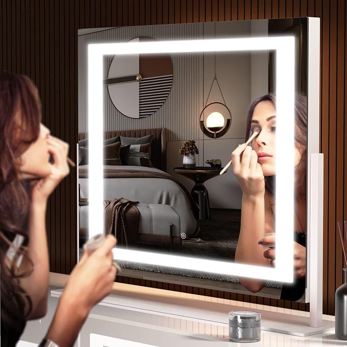 Hasipu Vanity Mirror with Lights, 24.2" x 19.7" LED Makeup Mirror, Light up Mirror with 10X Magnification, Smart Touch 3 Colors Dimmable, Brightness Adjustment, 360° Rotation (Right Angle White)