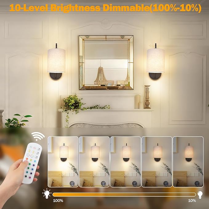 Battery Operated Wall Sconce Set of 2, Black Wall Light Fixture | Rechargeable Wall Mount Light, Dimmbale Bulb & Remote, 12 RGB Colors & Timer, Wireless Wall Lamp Linen Shade, Bedroom Hallway