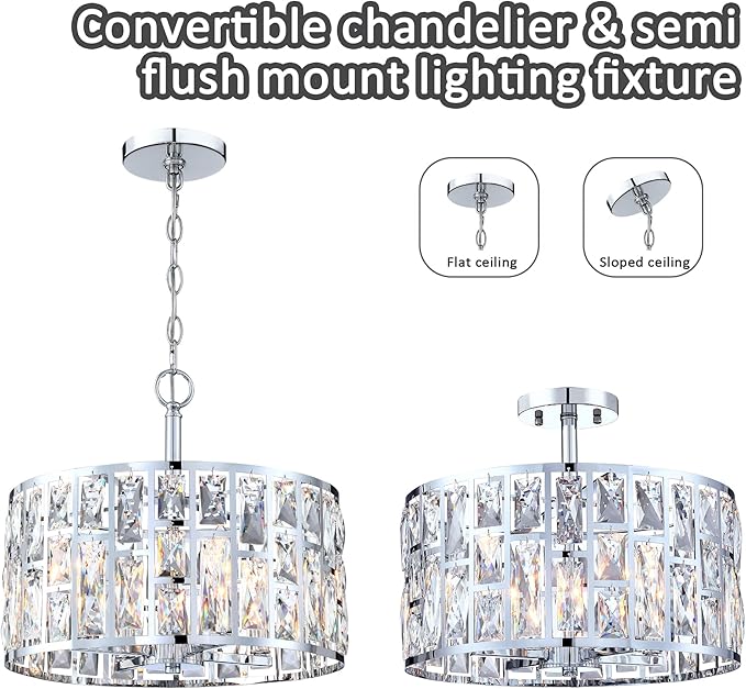 MEXO Farmhouse Crystal Convertible Chandelier and Semi Flush Mount Lighting Chrome Cylinder Drum Shade Pendant for Kitchen Island Dining Room Bedroom Hallway