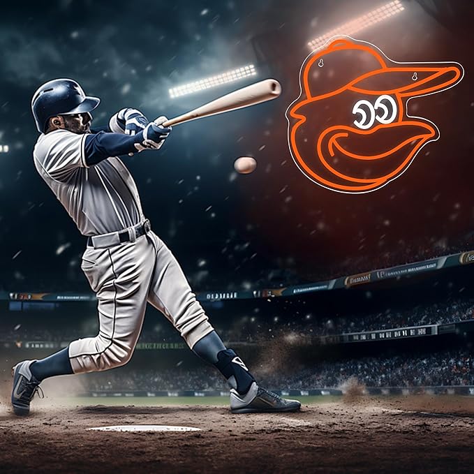 Baseball Neon Sign for Wall Decor Oriol Baseball Neon Light Baseball Sport Led Neon Sign for Man Cave,Boys'Room,Club,Pub,Birthday Christmas Signs for Sports Fans,Man,Boys,Size 13.9 * 13.2inch(FMXD184)