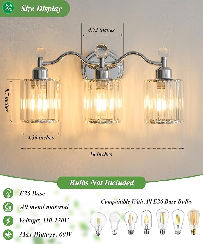 Bathroom Light Fixtures, 3-Light Vanity Light Over Mirror, Polished Chrome Wall Sconces with Clear Crystal Shades, Wall Lamp for Living Room Bedroom, E26 Base(Bulbs Not Included)