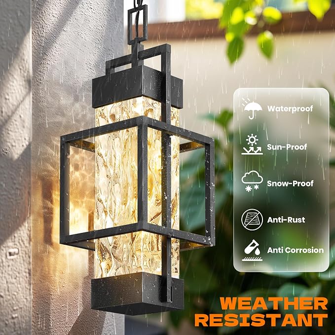 Hotsonic 15'' Outdoor Indoor Pendant Celing Light Fixture, Modern Exterior Hanging Chandelier Porch Lights, Black Aluminum Outside Lantern Lamp for Entrance Foyer Entryway (Bulb Included)