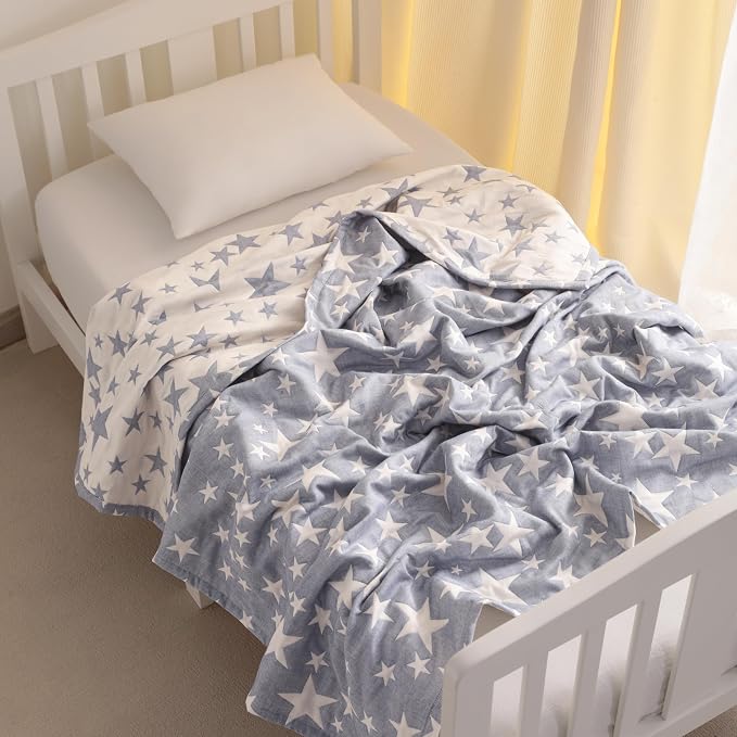 NTBAY 3 Layer Oversized Muslin Toddler Blanket, 45 x 60, Blue/White Star | Muslin Cotton Outer Layers with Light Thermal Fiber Fill, Reversible Blanket for Daycare, Travel, Naps, and Supervised Use