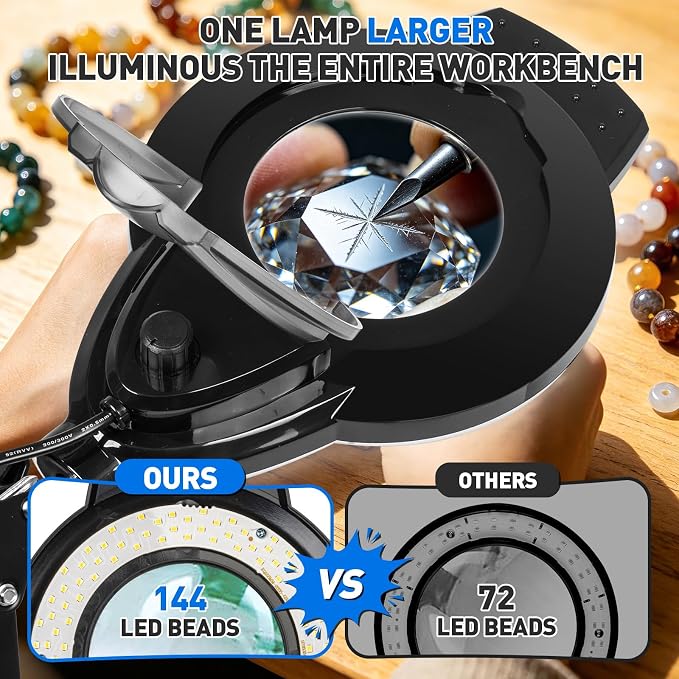 KIRKAS 12X LED Magnifying Lamp with Clamp, 2,200 Lumens Dimmable Bright | 35in Adjust Swivel Arm Magnifying Glass with Light for Repair Reading Craft Needlework Hobby Workbench Magnifier Dust Cover