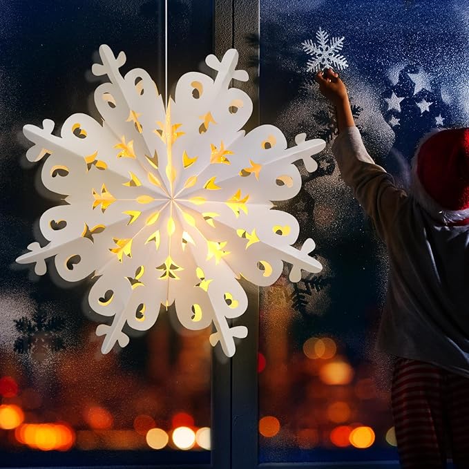 Mudder 3 Pcs Christmas Paper Snowflake Lanterns with 5 LED Light 23.6 Inch 3D White Hanging Snowflake Lamps Winter Party Hanging Decoration for Xmas Trees Holiday Winter Weddings Birthday Celebration