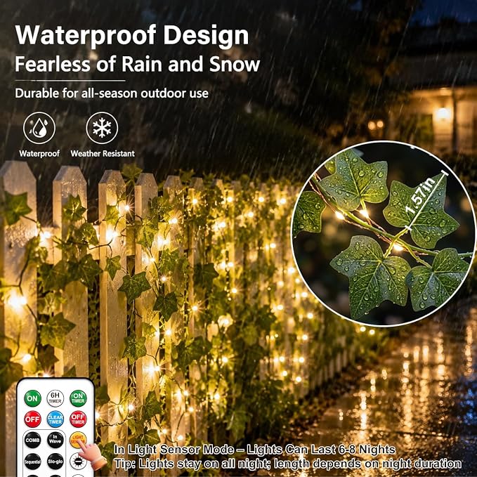 Ivy Vine Fairy Lights 2500mAh Rechargeable Battery, Warm White | 33FT 100LED with Remote Control, Timer & 8 Modes, Waterproof for Bedroom Dorm Wedding Party Christmas Indoor Outdoor Decor