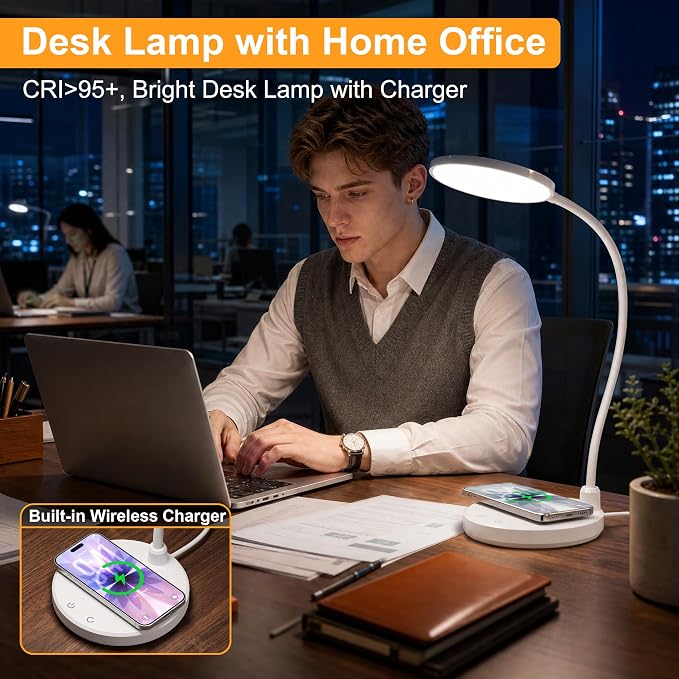 Desk Lamps for Home Office, Wireless Charger 800LM CRI95+ Desk Light, White | Eye-Caring Study Lamp with 3 Color Modes, Dimmable 0-100%, Flexible Neck for Bedside, College Dorm, Adapter Included