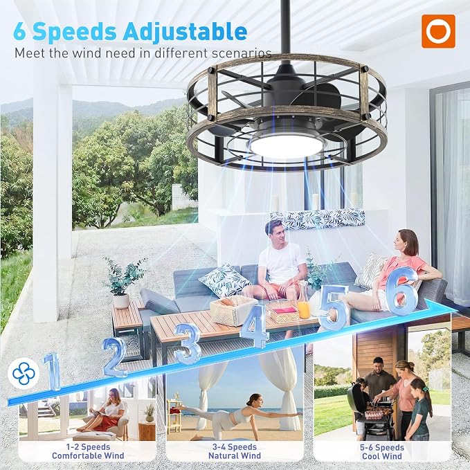 addlon 20" Outdoor Ceiling Fan with Light for Patio, IP65 Plug in Caged Fan | Waterproof, Hanging Hook, Reversible DC Motor, 6 Speeds, Remote Control, Quiet Operation, Timer, for Gazebo, Patio, Porch