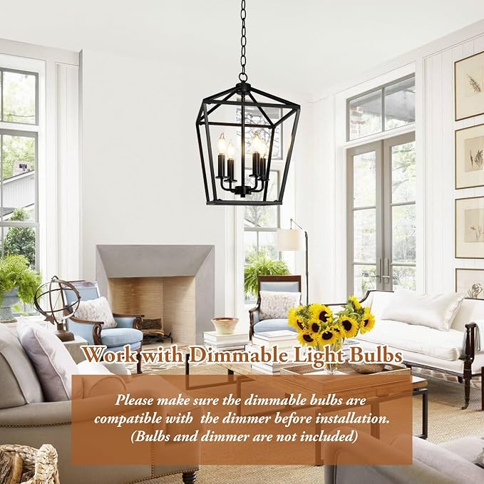 Black Farmhouse Chandelier, 4-Light Foyer Lighting Fixtures for Dining Room | Industrial Kitchen Lantern chandelier Over Table, Pendant Island Ceiling Light for Entryway, Metal Cage Adjustable Height
