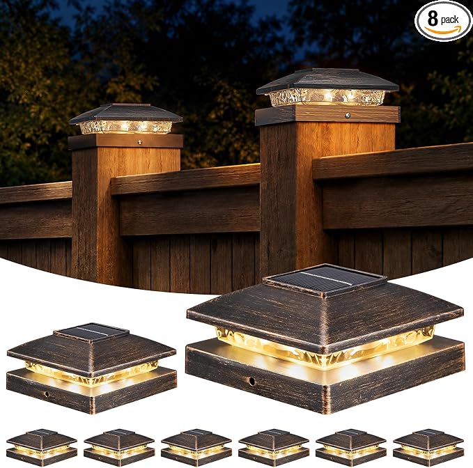 APONUO Solar Post Cap Lights for 4x4 Posts - IP64 Waterproof, Warm White, Wireless Fence Lights & Deck Lights for Patios, Gardens, and Yards, Brushed Copper, 8 Pack