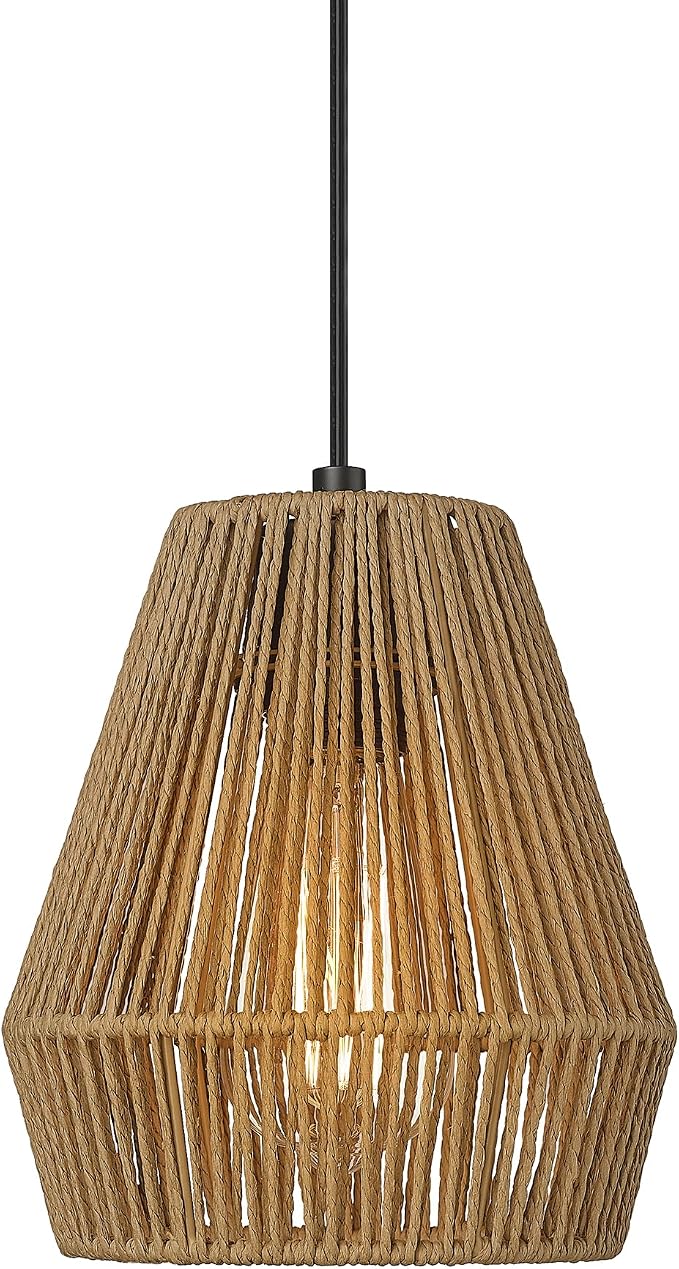 ELYONA Boho Woven Pendant Lights 7” Rustic Rattan Hanging Lamp Adjustable Handwoven Basket Shade, Japandi Pendant Light Fixtures for Kitchen Island, Dining Room, Bedroom, Farmhouse Bar, Foyer Hallway