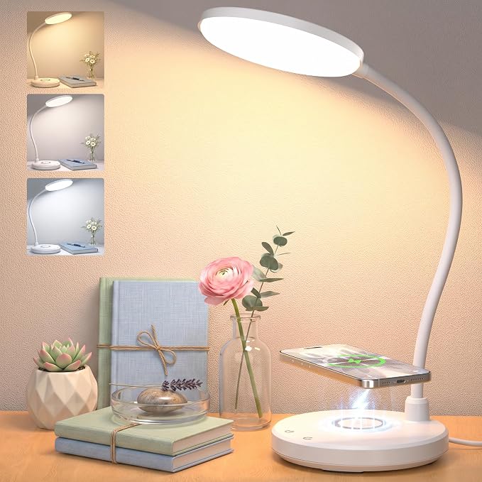 Desk Lamps for Home Office, Wireless Charger 800LM CRI95+ Desk Light, White | Eye-Caring Study Lamp with 3 Color Modes, Dimmable 0-100%, Flexible Neck for Bedside, College Dorm, Adapter Included