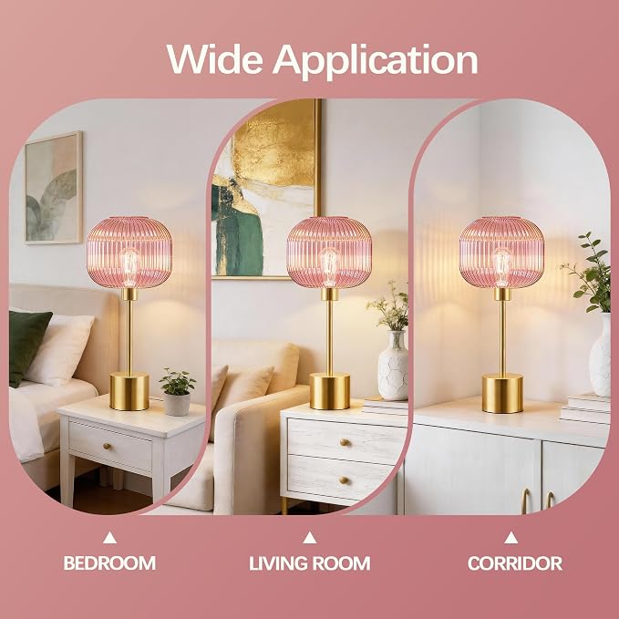 QiMH Glass Table Lamp for Living Room, Modern Bedside Lamp with Pink Ribbed Glass Shade, 3-Way Dimmable Touch Control Nightstand Lamp for Bedroom, Brushed Gold (2700K LED Bulb Included)