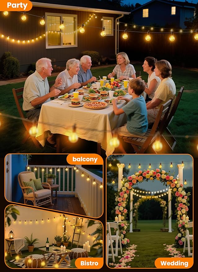 Outdoor String Patio Lights, 25FT 12 LED Patio Lights Waterproof, Connectable Shatterproof Hanging Outside String Light for Backyard, Porch, Deck, Balcony, Garden, House Decor, 2200K