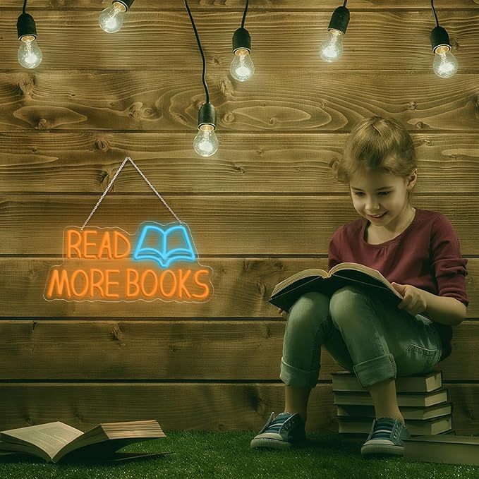 Read More Books Neon Signs for Wall Decor, Dimmable Book Classroom Neon Sign, Reading Book Club School Library Wall Decor, Book Lover Christmas Gifts for Teen Boys Girls 16.54 x 7.87 inch
