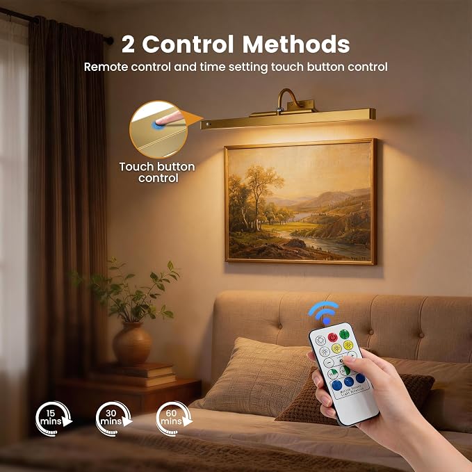 Rechargeable Motion Sensor Picture Light for Wall, 24 Inch, Brass, 2 Pack | 6000mAh Battery, Cordless, Magnetic Detachable Bar, Rechargeable, Remote Control, 3CCT Dimmable, for Artworks/Photos