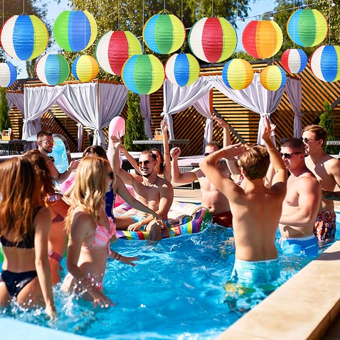 21Pcs Beach Ball Paper Lanterns Summer Luau Themed Hanging Decor - 4/6/8/10 Inch Multicolor Pool Party Decor for Outdoor Indoor Classroom Beach Birthday Party Supplies