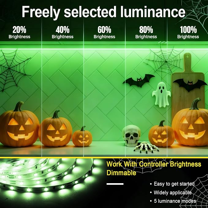 Green 30ft Led Lights Strip Halloween Decorations Indoor Rope Lights Easy DIY Cuttable Strip Lights for Room Bathroom Living Room Kitchen Ceiling Wall Vanity Mirror Decor