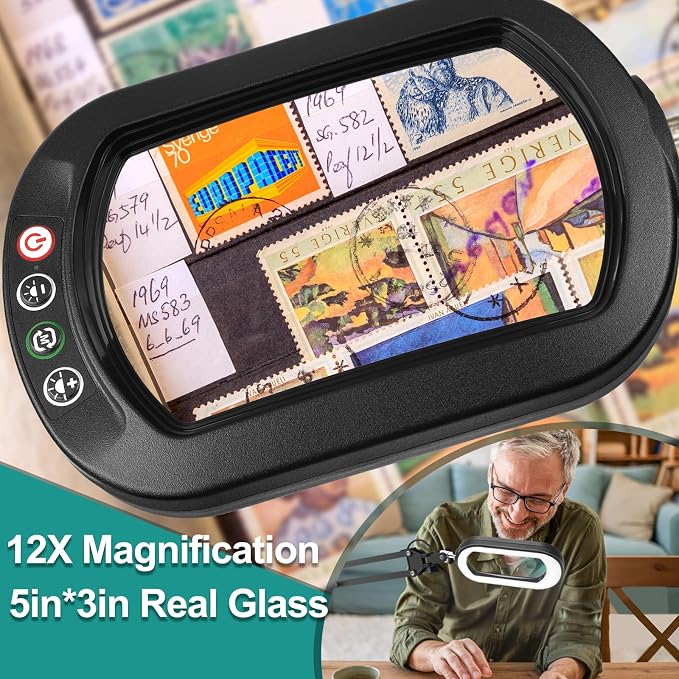IVMAIE 12X Large Magnifying Glass with Light, Real Glass, 5 Color Modes Stepless Dimmable Magnifier with Stand, LED Lighted Clamp Desk Lamp with Swing Arm, Hands Free for Reading Crafts Close Work