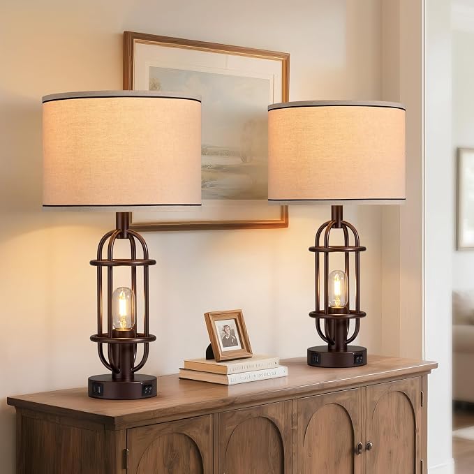 Reaketon Living Room Lamps Set of 2, 22.3" Farmhouse Table Lamp for Bedroom, Vintage Lamps for Night Stands with USB Ports, Oil Rubbed Bronze