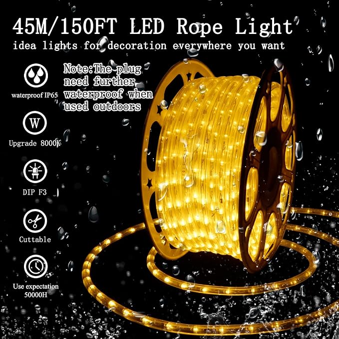 150FT LED Rope Lights Outdoor: Waterproof Flexible 110V 3000K Warm White LED String Light - Cuttable Connectable Clear Lighting Tube for Indoor Stairs Patio Garden Party Decor, Not Flat Strip