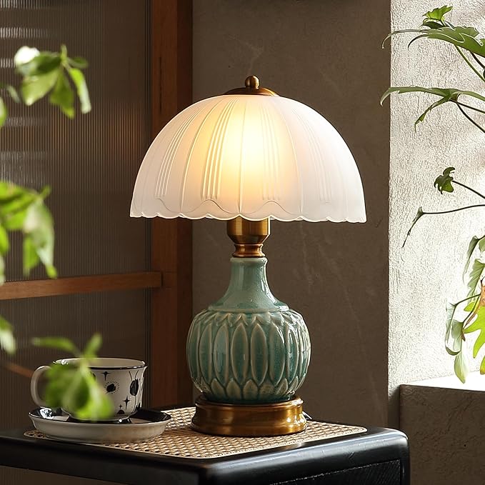Glivpny 16" Vintage Ceramic Table Lamp for Bedroom,Mushroom Lamps(LD002) | Mid Century Modern Ceramic Lamps for Living Room,Retro Bedside Glass Lamps, Classic Chinoiserie Green Lamp for Home Decor