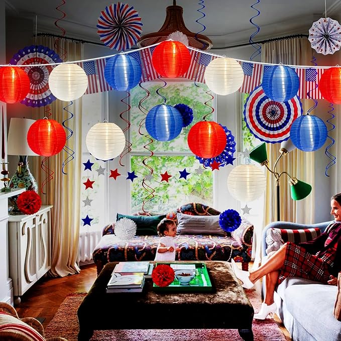 4th of July Decoration Light, 25Ft Red White and Blue Lantern Lights with 11 LED Bulbs (1 Spare Bulbs), Hanging Patriotic Decor Lights for July 4th, Independence Day, Yard, Garden, Memorial Decor