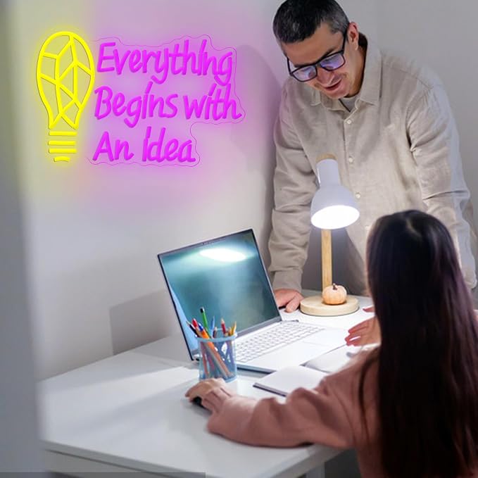 LISIGNVE Inspirational Light Bulb Neon Sign Everything Begins With An Idea LED Neon Light Wall Art for Classroom Creative Room Office Bedroom Cafe Motivational Gift for Student Entrepreneurs Writers Artists