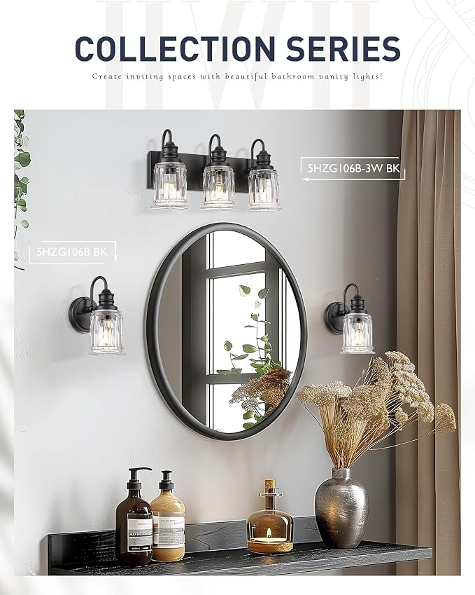 HWH INVESTMENT Bathroom Light Fixtures, 3-Light Matte Black Vanity Light, 18 Inch Wall Sconces with Bell-Shaped Clear Glass, Bathroom Wall Lights for Mirror Bedroom Hallway, 5HZG106B-3W BK