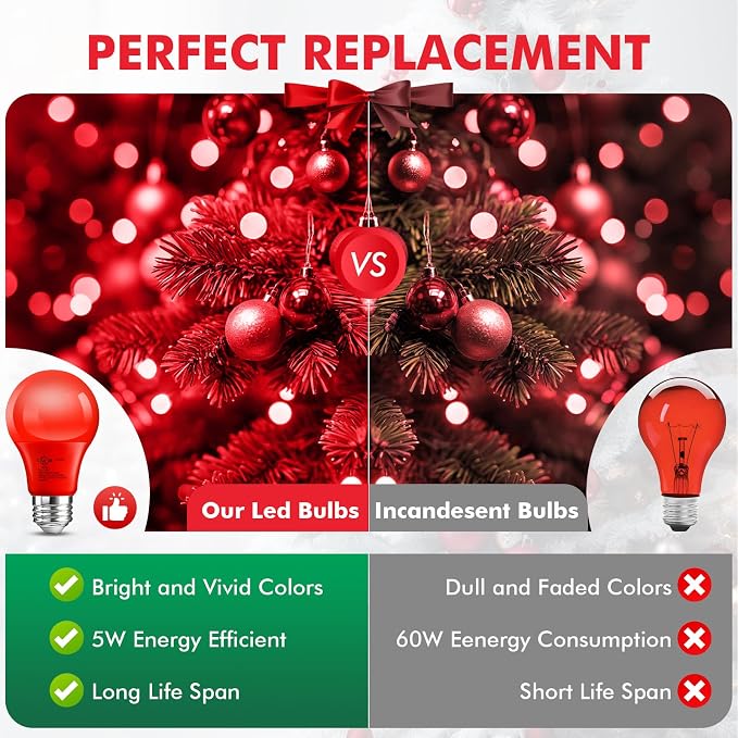 TJOY Red LED Light Bulb Outdoor Porch Halloween, A19 Colored 60 Watt Eq | Red Colored LED Lights, 5W E26 Base, Christmas Indoor Party Bedroom Decoration, Non-Dimmable, 4 Pack