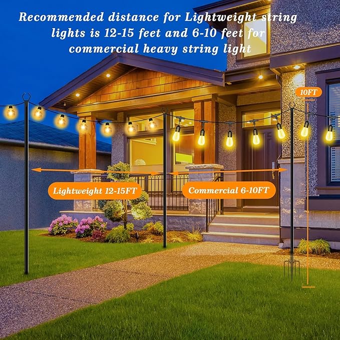 6 Pack String Light Poles,10 Ft Light Poles for Outside String Lights,Outdoor Lights Pole with Fork,Metal Poles Stand for Patio Deck Backyard (10FT 6 Pack)