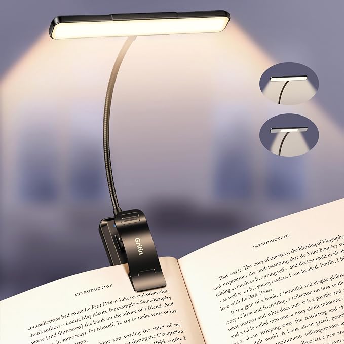 Gritin 2026 Gen 2 Book Light for Reading- 32 Eye Caring Full Spectrum LED | 5 Colors & 5 Brightness, Adjustable Wide/Narrow Beam, Upgrade 1500mAh Long-Lasting Rechargeable Clip on Light for Book Lovers