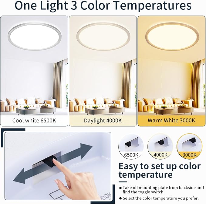 MOONSEA 20 Inch Flush Mount LED Ceiling Light Fixture 42W Brushed Nickel | Adjustable 3000K/4500K/6000K, 4200LM Bright Kitchen Light Fixture, 10-100% Brightness Adjustable, 0.98in Low Profile