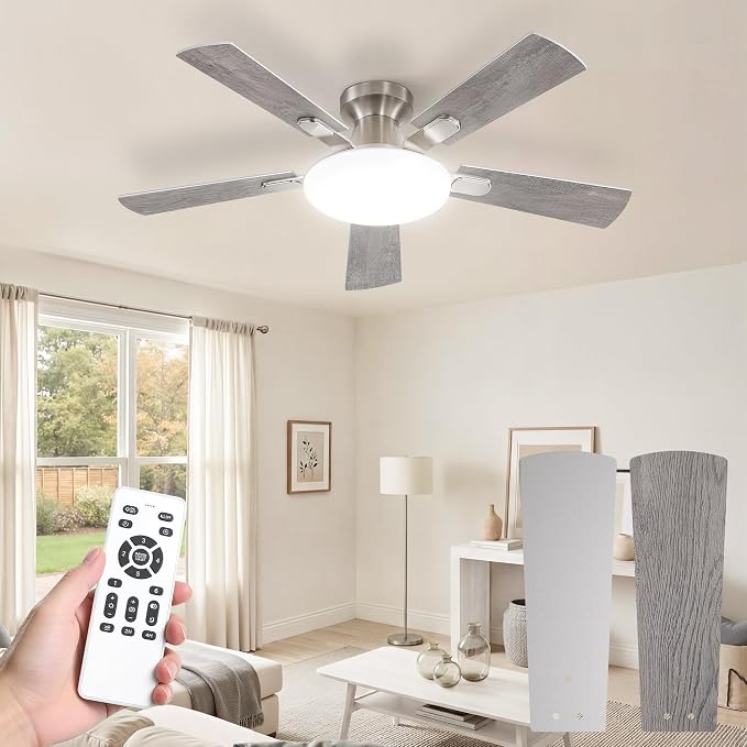 LEDIARY 42 Inch Flush Mount Ceiling Fans with Lights, Remote & APP Control | Bright Light, 3CCT, Dimmable, Memory Function, Timer, Reversible Blade, Quiet DC Motor, Damp-Rated, Bedroom, Covered Patio