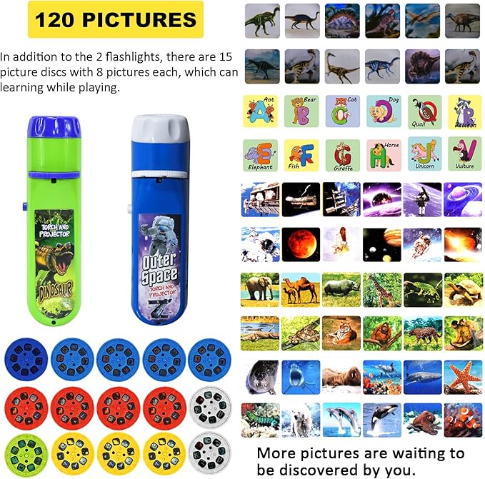 Torch Projector Projection 2PCS, Kids Flashlights Toys Lighting Story Torches Slide Lamp Educational Learning Bedtime Night Light for Children, Toddler, Boy, Girl (120 Images, Dinosaur & Space)