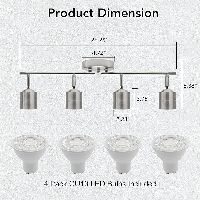4-Light 26.25'' Track Lighting Kit - 270° Swivel & 90° Tilt Adjustable, Brushed Nickel Ceiling Spot Lights with 4 x 5W GU10 LED Bulbs, for Kitchen, Living Room, Gallery, Shop Display