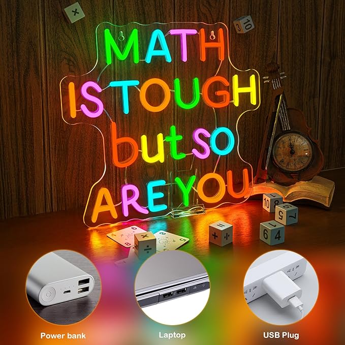 Classroom LED Sign Math Is Tough But So Are You Neon Sign for Wall Decor Math Lights Up Sign for Classroom Library Bedroom Reading Neon Signs LED Gifts for Art Teachers Teens