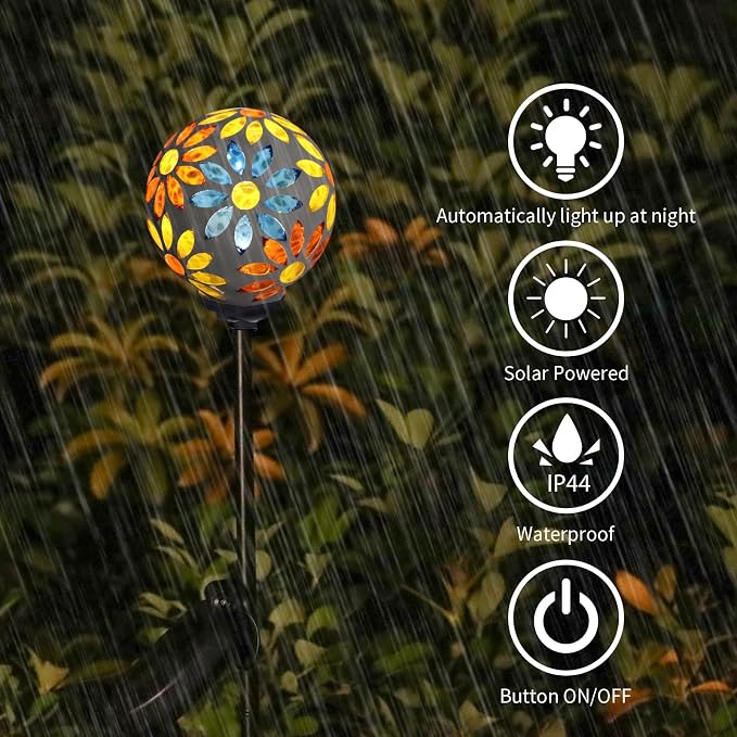VCUTEKA Decorative Solar Garden Lights, 3.5" Mosaic Globe Outdoor Stake | Mosaic Glass Globe Design, Solar LED Light, Waterproof Design, Auto On/Off and Metal Stake Design for Lawn and Patio