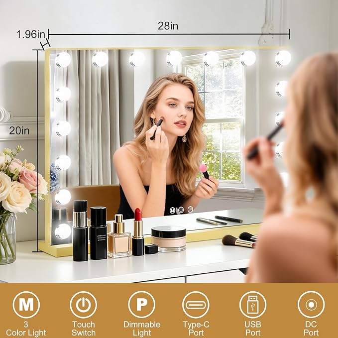 Moonee Vanity Mirror with Lights, Gold Hollywood Lighted Makeup Mirror with 17 Dimmable Bulbs and 10X Magnification, 3 Colors Modes, Aluminum Metal Frame, Light Up Mirror for Tabletop/Wall（28" x 20"）