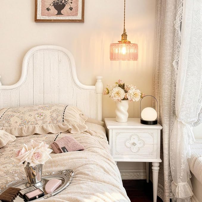 Shenmoyl Pendant Light with Pink Striped Glass Lmapshade, Brass Vintage Pendant Light Adjustable Hanging Light for Kitchen Island Dining Room Hallway