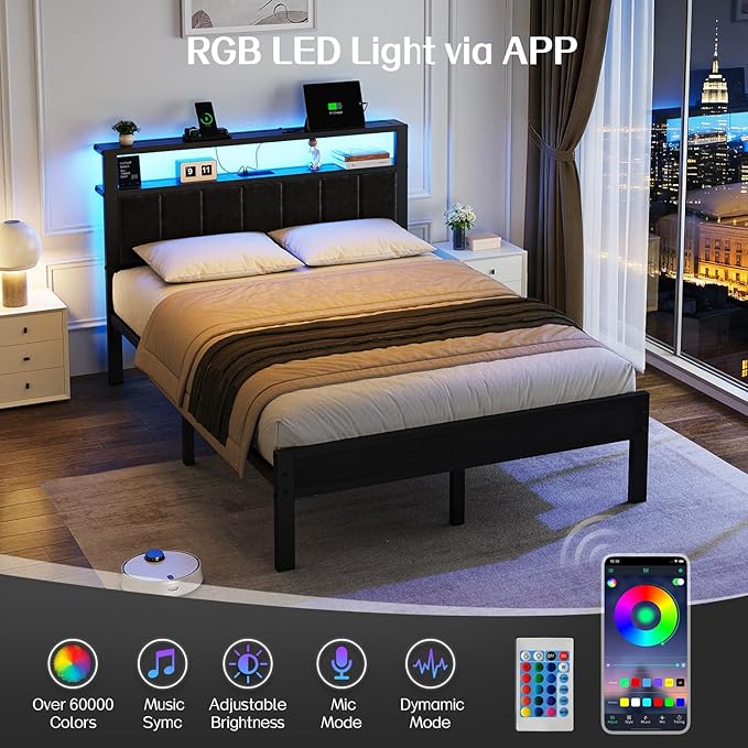 OLEVS Full Size Bed Frame with LED Lights & Charging Station, Modern Platform Bed with Upholstered Storage Headboard, No Box Spring Needed Easy Assembly